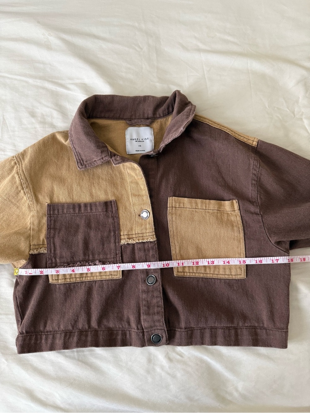 Angel Kiss Two-Tone Cropped Jacket in Brown and Tan Women’s XS Boho Y2K 90s - Picture 6 of 11